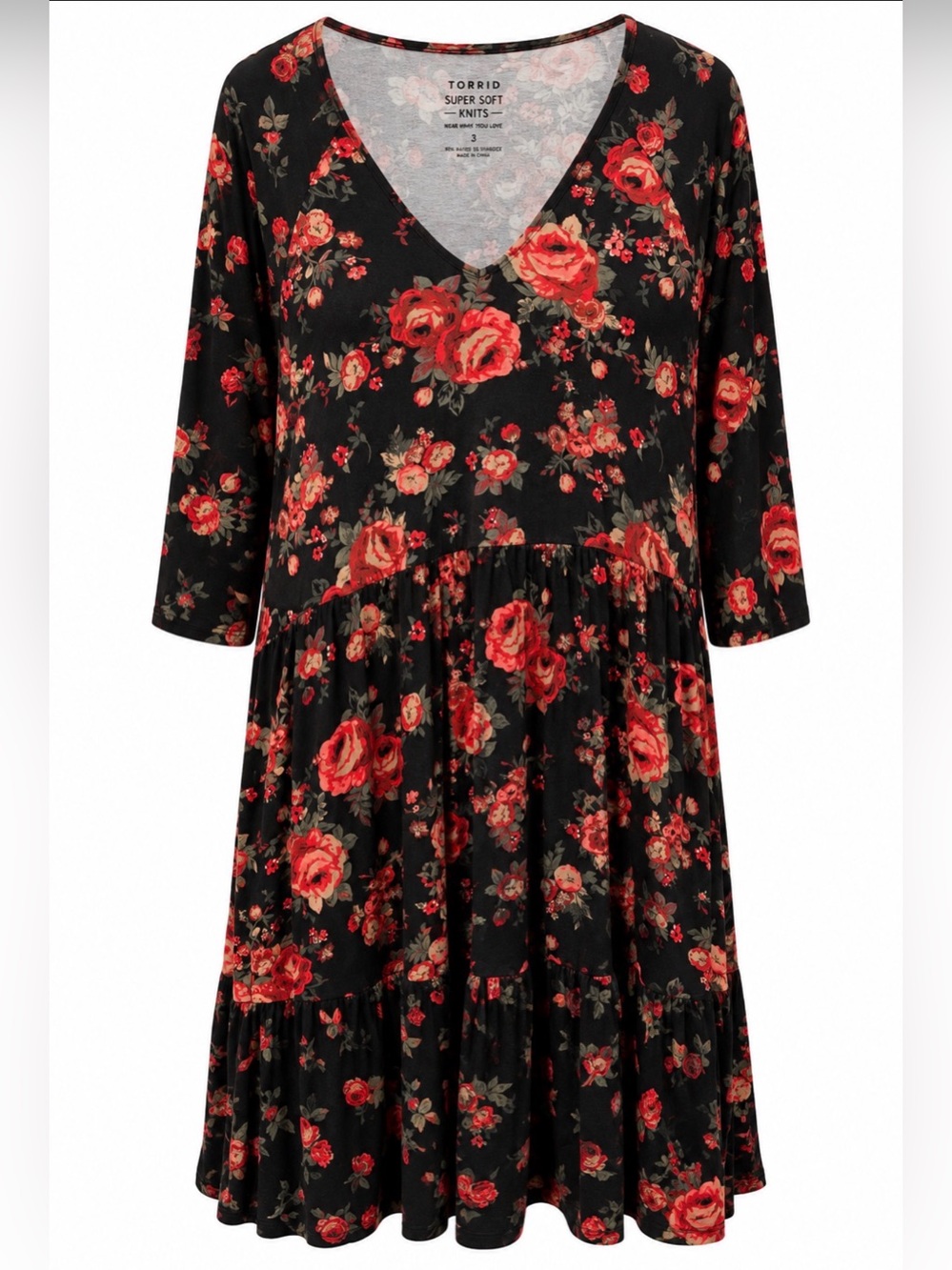 Torrid Super Soft Black Red Floral Tiered Babydoll Dress Size 3 3X